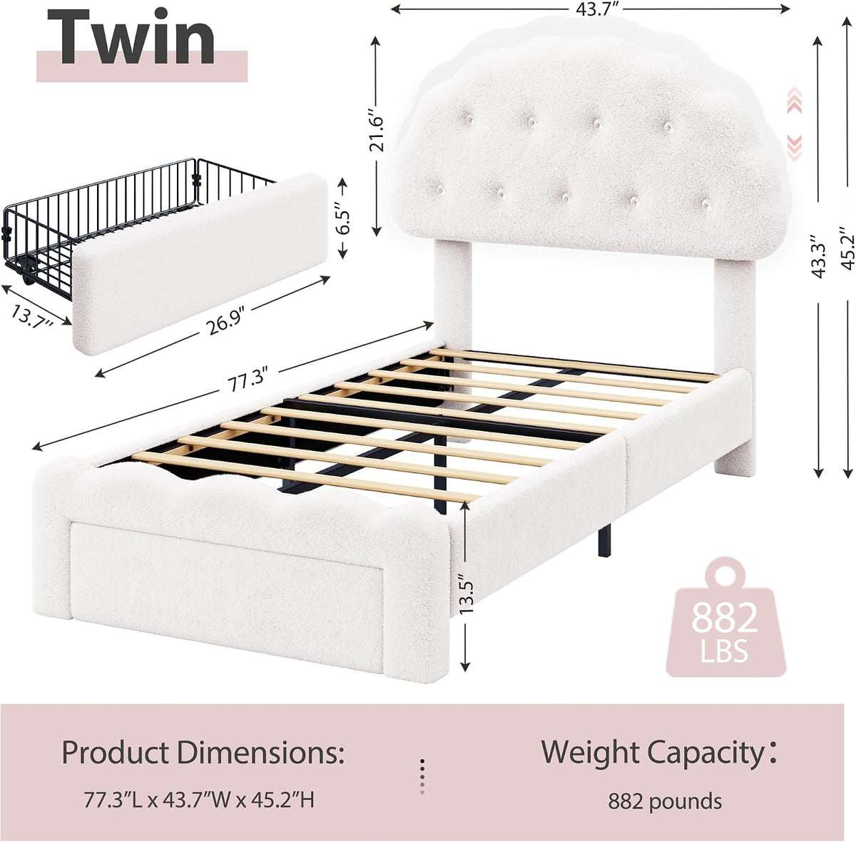 decofy twin bed frame with storage drawer, cloud shown in use