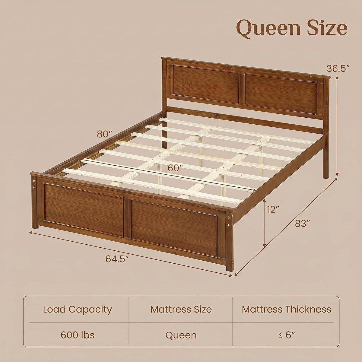 komfott queen size bed frame, farmhouse wooden platform shown in use
