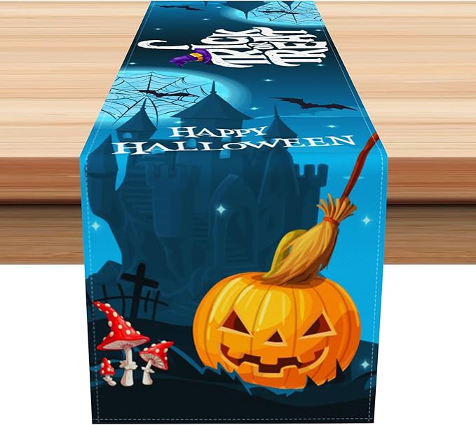 Happy Halloween Table Runner Blue Haunted House Ghost Witch Spider Web Bats by Kzzfqxb