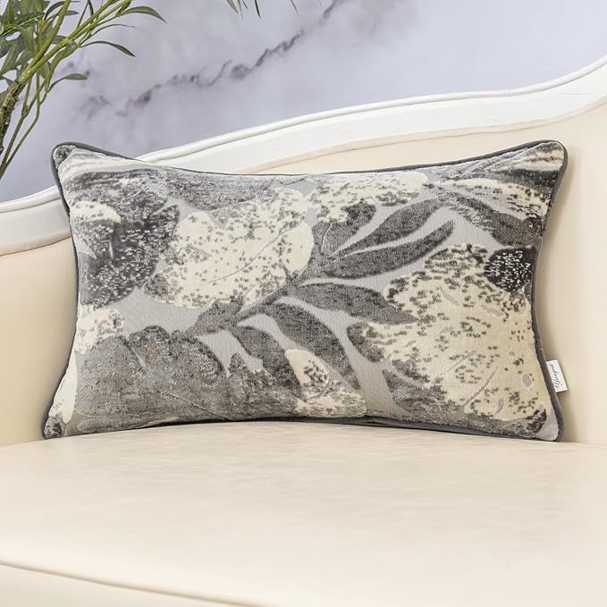 Yangest Grey Leaf Rectangle Pillow Cover Cut Velvet Cushion Cover Luxury Modern by Yangest