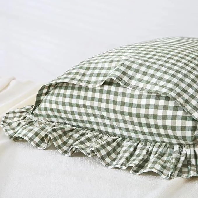 Sage Green Plaid Ruffle Euro Pillow Shams 26"x26", 2 Pack Vintage Checkered - Image 4