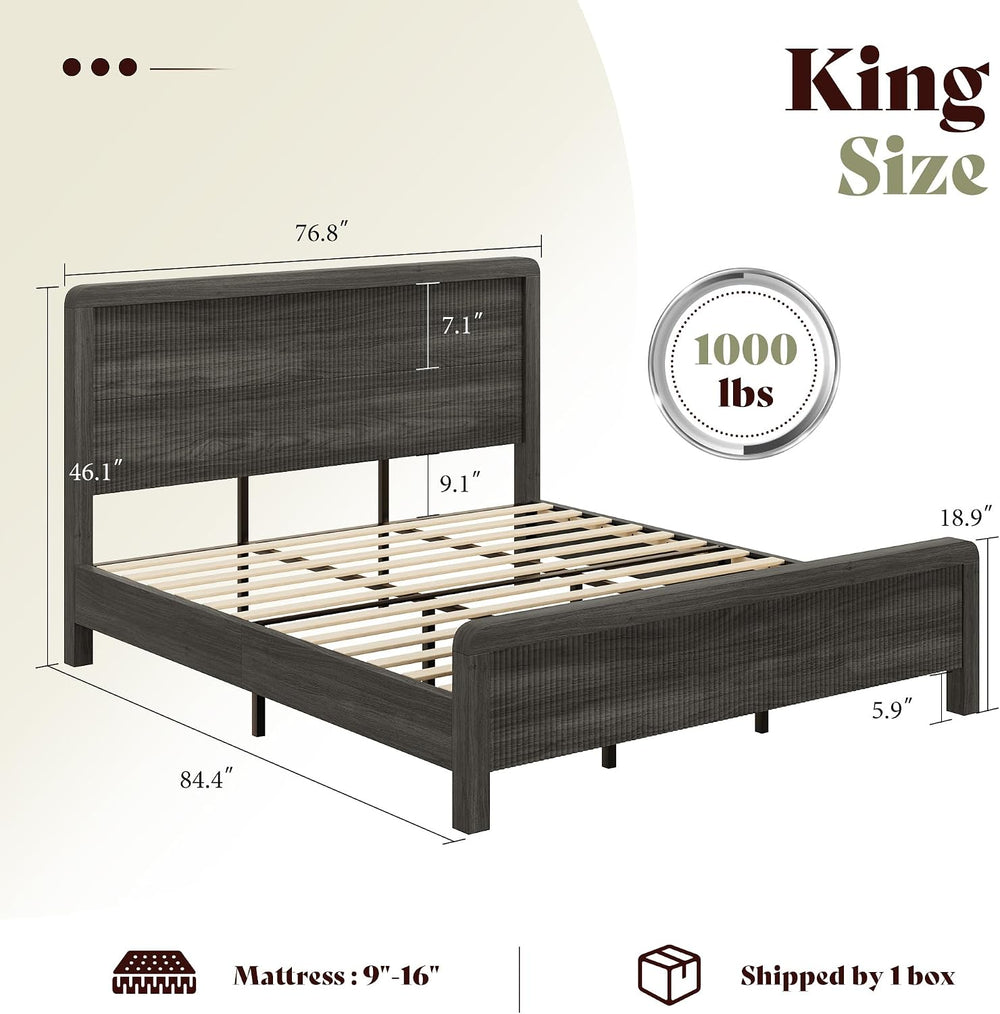 AMERLIFE Wood King Size Bed Frame with Fluted Headboard & Footboard, Black