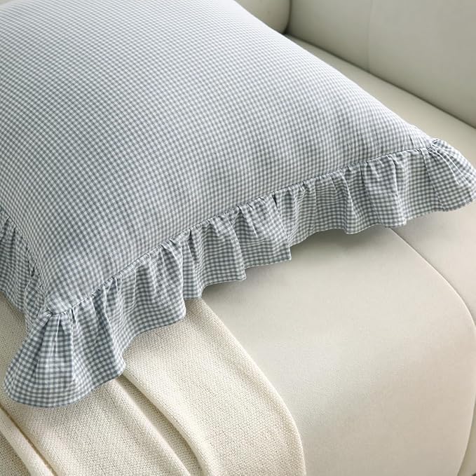 Blue/White Plaid Ruffle Throw Pillow Covers Vintage Checkered Gingham 20"x20" - Image 7