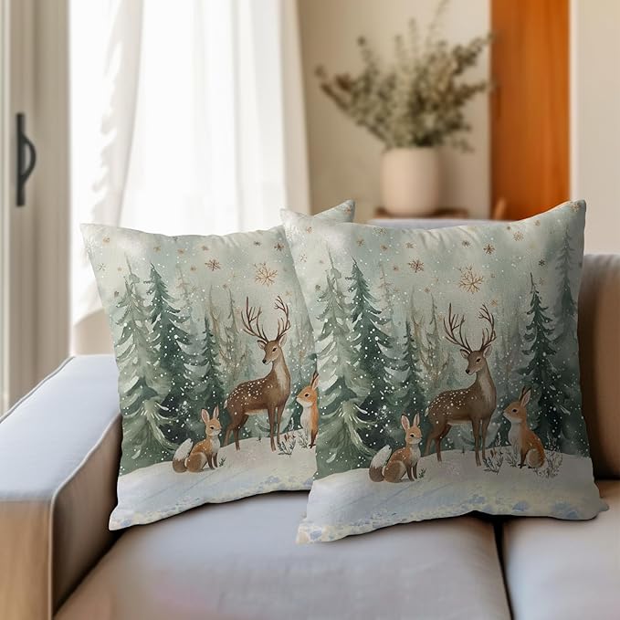 Xmas Reindeer Throw Pillow Cover 24x24 Inch Set of 2 Winter Trees Snowflake - Image 6