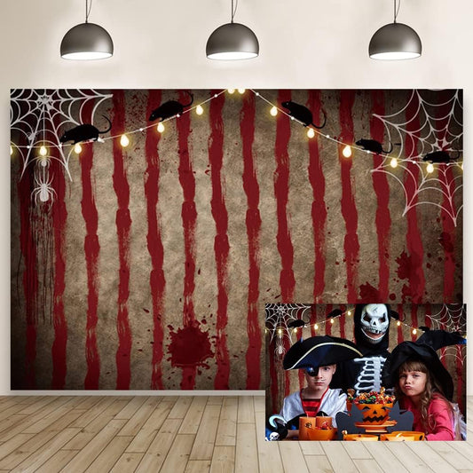 10x7ft Halloween Circus Backdrop Horror Scary Bloody Circus Tent Rat Spider Web Photography Background Red and White Stripes Carnival Halloween Party Banner Decoration Photo Booth Props