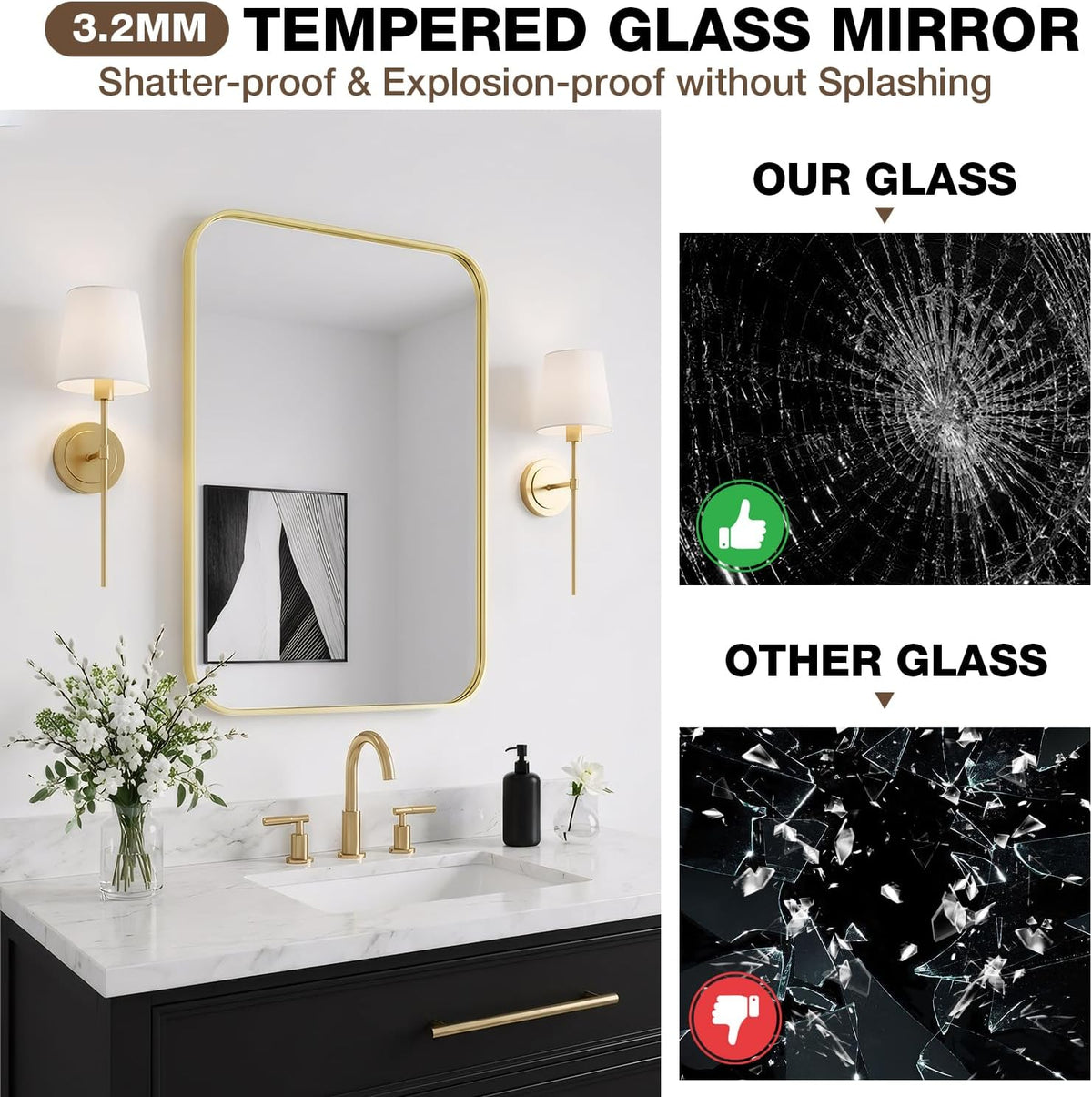 24"x36" bathroom mirror for over sink, brushed gold, side view