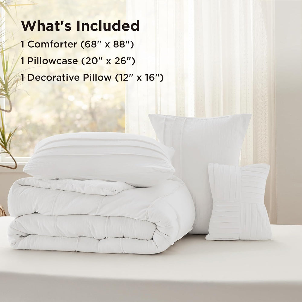Bedsure Twin Comforter Set 3 Piece, White Boho, Pinch Pleat, All-Season