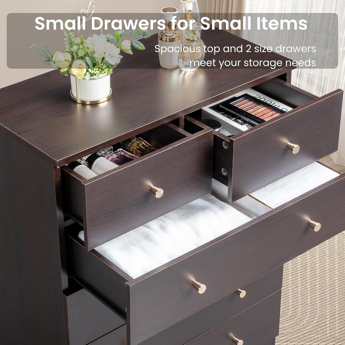 karl home brown 5 drawer dresser, rose gold, side view