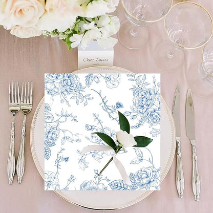 100 Pack Blue Floral Cocktail Napkins Blue and White Floral Toile Paper Napkins - Image 6