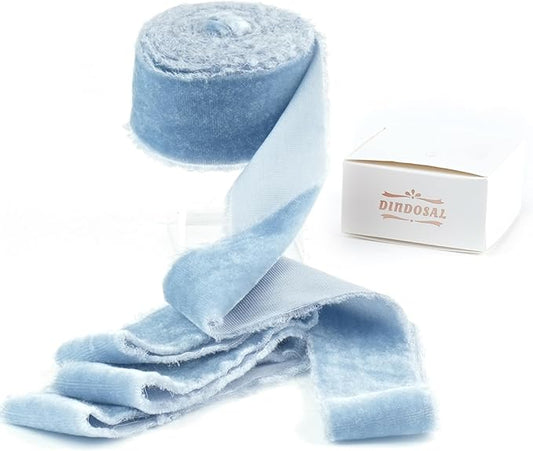 Dusty Blue Velvet Ribbon 1.5 inch French Blue Frayed Velvet Ribbon Blue Raw by DINDOSAL