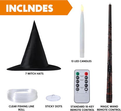 JOYIN 20Pcs Halloween Floating Candles and Witch Hat Light Up with Wand Remote Set Magic Hanging Candles and Wizard Hat with 2 Light Mode and Timer for Halloween Window Ceiling Porch Theme Party Decor