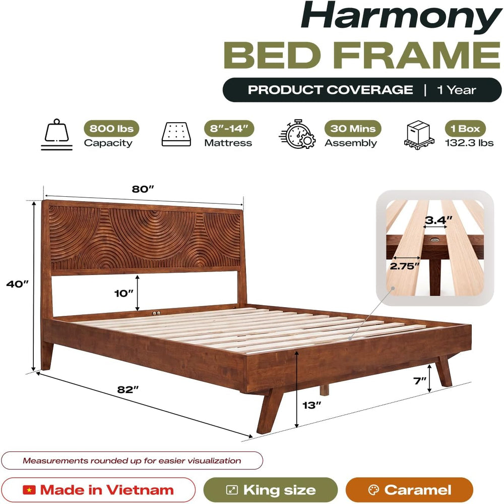 Acacia Harmony King Solid Wood Platform Bed Frame, No Box Spring, Caramel