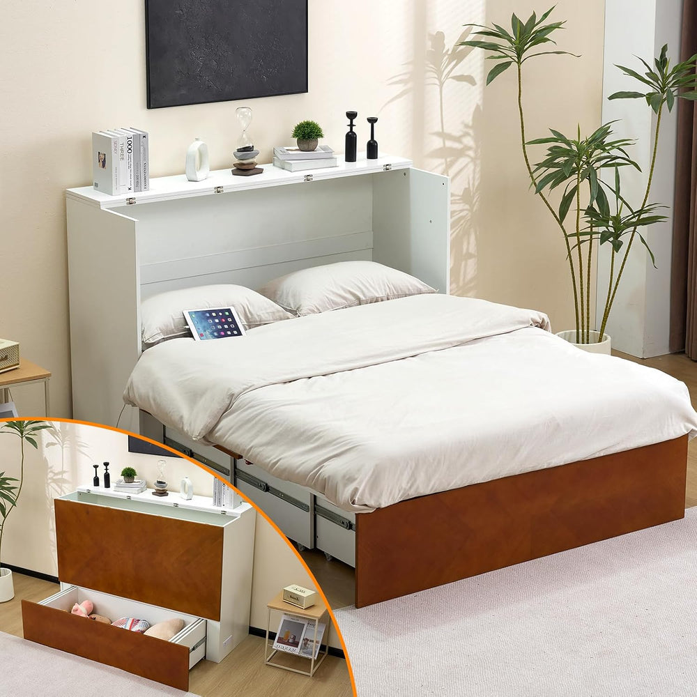 VINGLI Full Murphy Bed with Storage Drawer,2 Charging Station,Rustic & Sc...