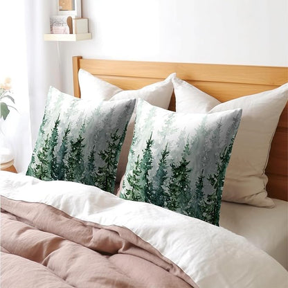 Winter Forest Pillow Covers 24x24 Inch 2Pcs Watercolor Green Misty Pine Tree - Image 9