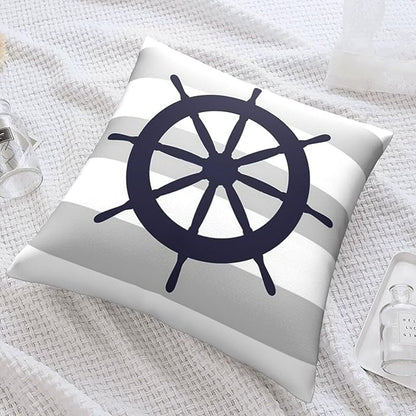 Myshe Square Nautical Navy Blue Ship's Steering Wheel On Silver Gray Stripes - Image 7