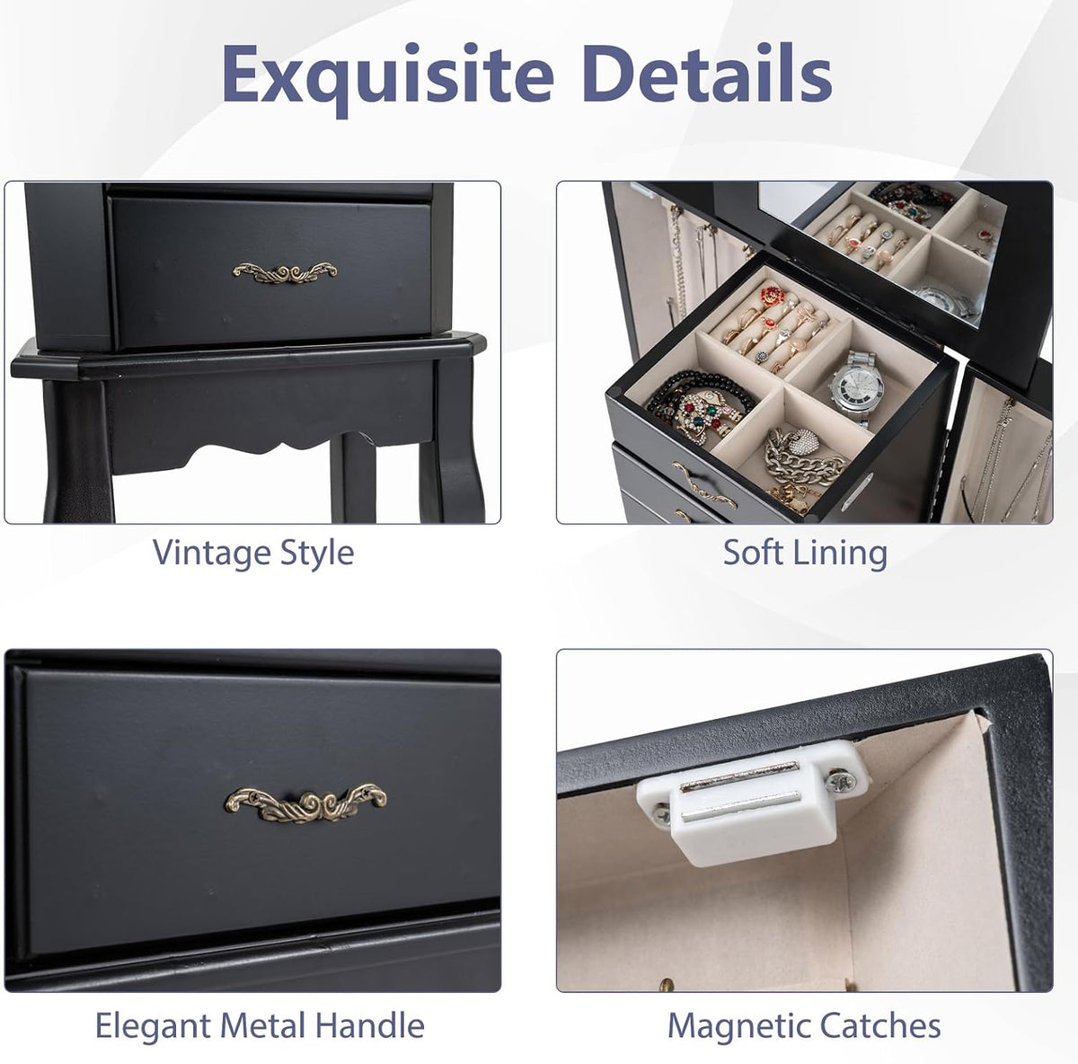 charmaid standing jewelry cabinet with 4 drawers, flip, package contents