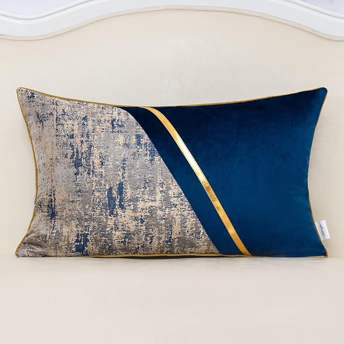 Alerfa 12 x 20 Inch Navy Blue Beige Gold Leather Patchwork Velvet & Polyester by Alerfa