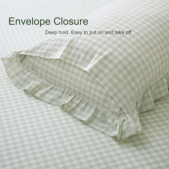 Pile Green White Plaid Ruffled Gingham Body Pillow Cover, 100% Washed Cotton - Image 6