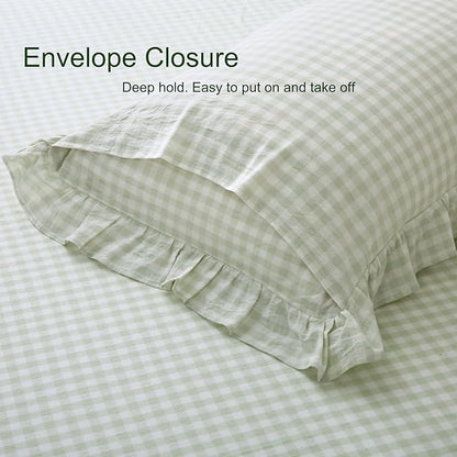 Pile Green White Plaid Ruffled Gingham Body Pillow Cover, 100% Washed Cotton - Image 6