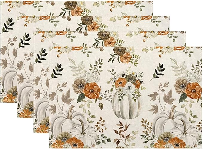 Fall Placemats Set of 4, Pumpkin Maple Leaves Decorative Table Mat 12 x 18 Inch by Sunshineyan