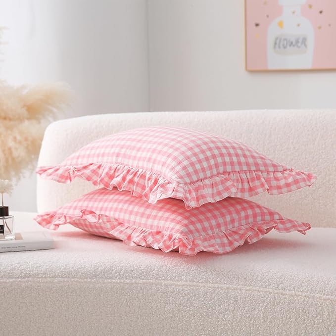 2 Pack Coral Pink Plaid Ruffle Gingham Throw Lumbar Pillow Shams, 100% Washed - Image 3