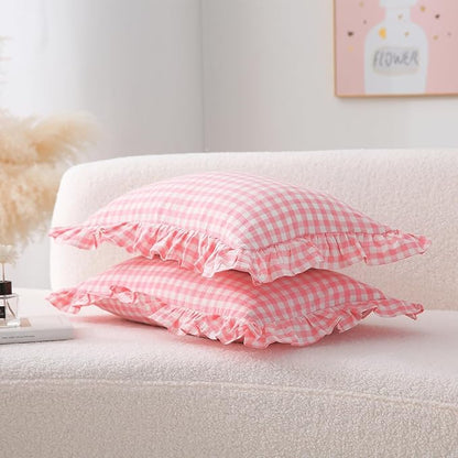 2 Pack Coral Pink Plaid Ruffle Gingham Throw Lumbar Pillow Shams, 100% Washed - Image 3