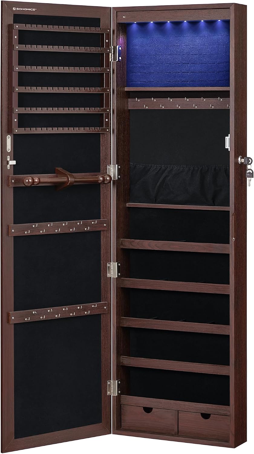 SONGMICS 6 LEDs Mirror Jewelry Cabinet, 47.2-Inch Tall, Lockable