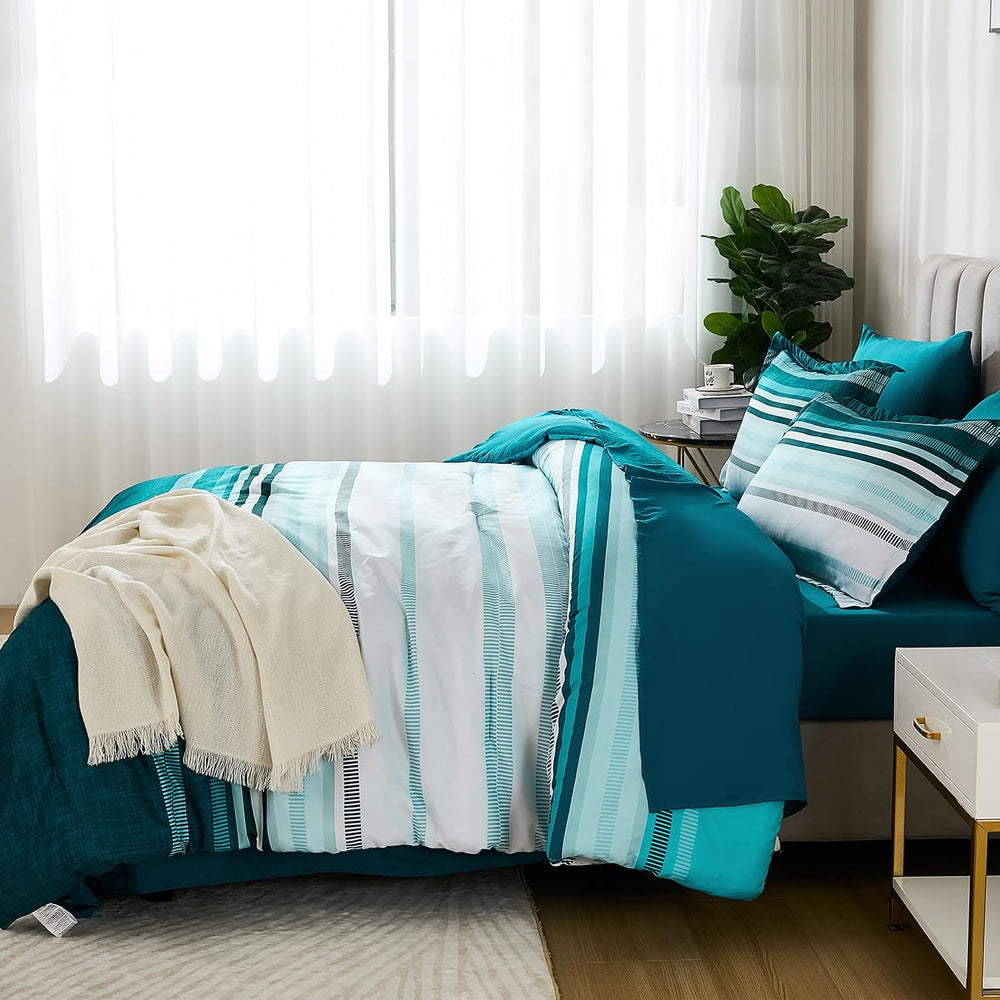 Dobuyly Teal Queen Comforter Set 7 Pieces, Blue Boho Striped Bed in a Bag Que...