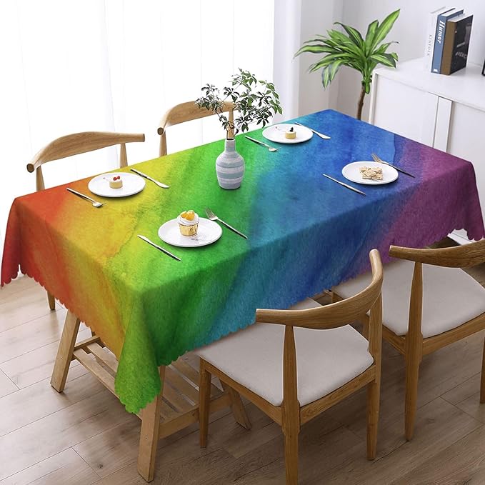 Rainbow Stripe Tablecloth Watercolor Rainbow Striped Boho Retro Colorful Table - Image 2