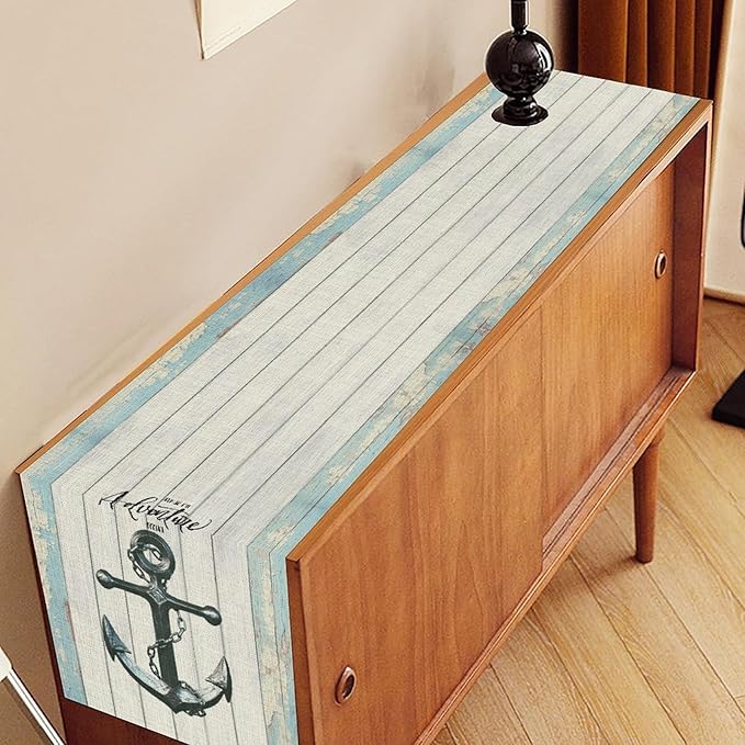 Nautical Anchor Table Runner, Retro Coastal Ship Anchor Wooden Plank Vintage - Image 3