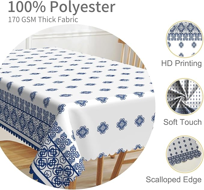 54x108inches Blue Medallion Print Tablecloth Mykonos Blue Mediterranean Tile - Image 3