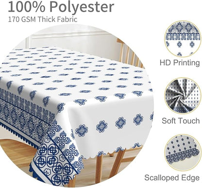 54x108inches Blue Medallion Print Tablecloth Mykonos Blue Mediterranean Tile - Image 3