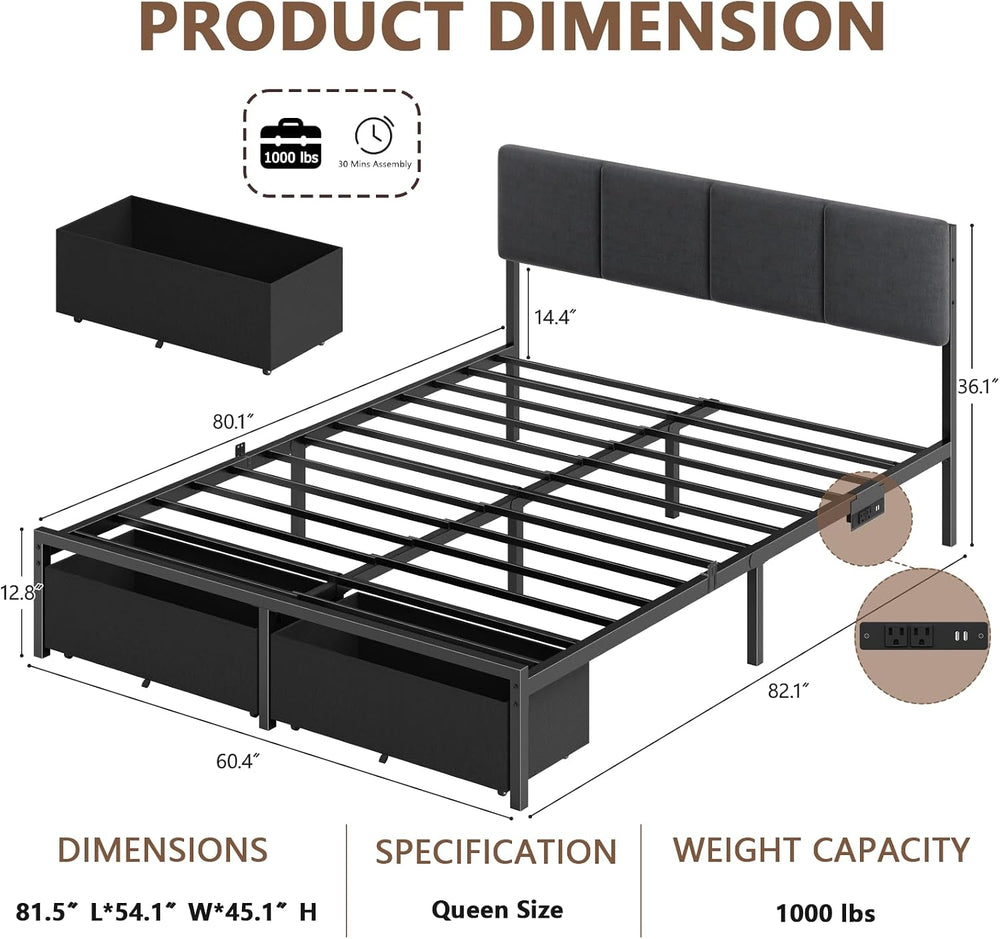 Furnulem Queen Bed Frame with Adjustable Headboard and Storage Drawers