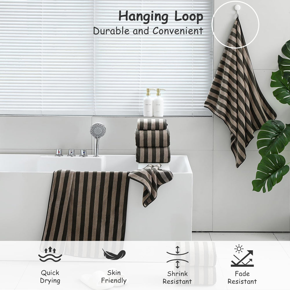 18 Pcs Brown Cabana Stripe Bath Towel Set with Hanging Loop-6 Bath Towels,6 H...