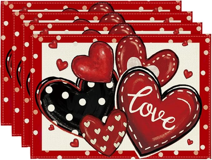 Artoid Mode Red Dot Heart Love Valentine Placemats Set of 4, 12x18 Inch Wedding by ArtoidMode