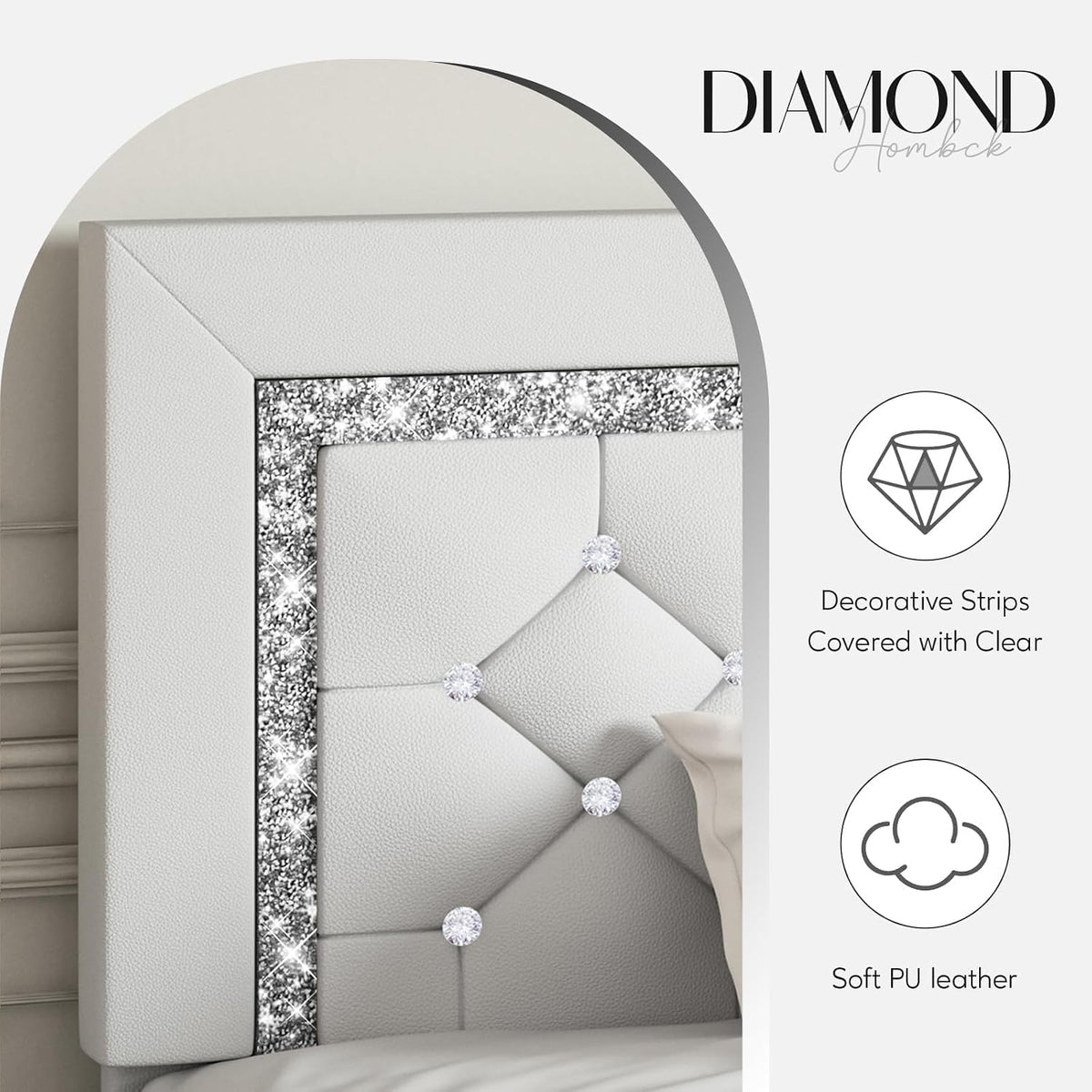 hombck queen bed frame with headboard, diamond tufted, close-up detail