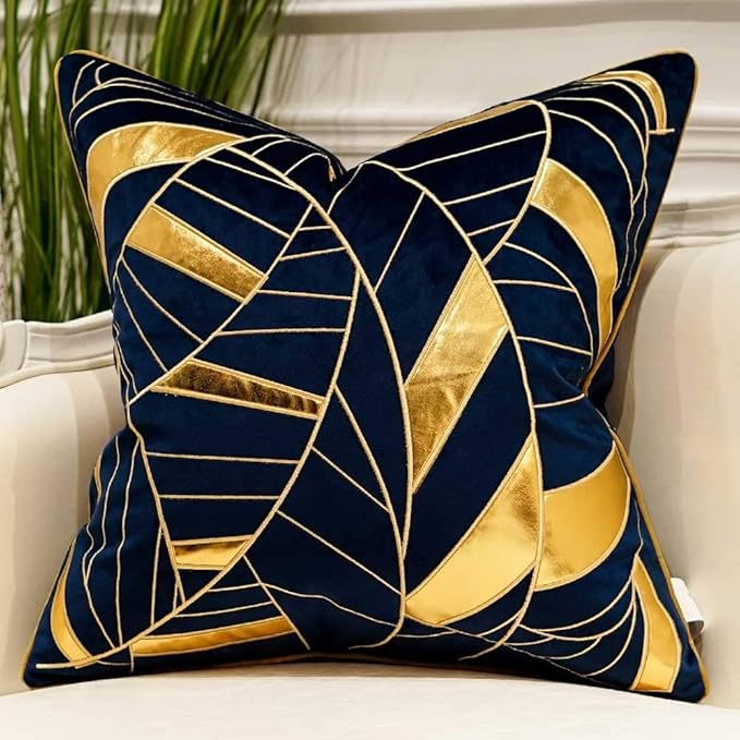 Avigers 20 x 20 Inches Navy Blue Gold Striped Cushion Case Luxury European by Avigers