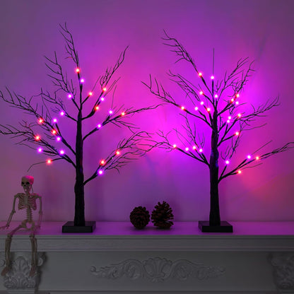 2Pack 24 Inch Halloween Spooky Tree with Lights, Lighted Tabletop Black Tree with Timer, Indoor Halloween Decorations for Home