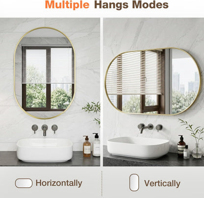 16"x24" brushed gold oval bathroom mirror for over showing dimensions