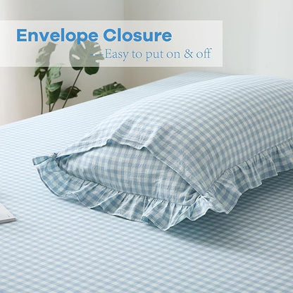 2 Pack Light Blue White Plaid Ruffle Gingham Pillow Shams Standard Size - Image 4