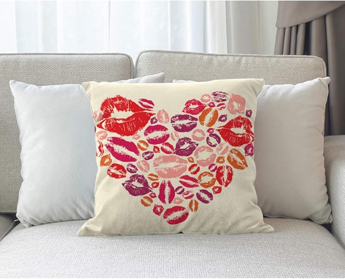 Moslion Love Throw Pillow Cover Heart Shape Woman Lips Kiss - Image 3
