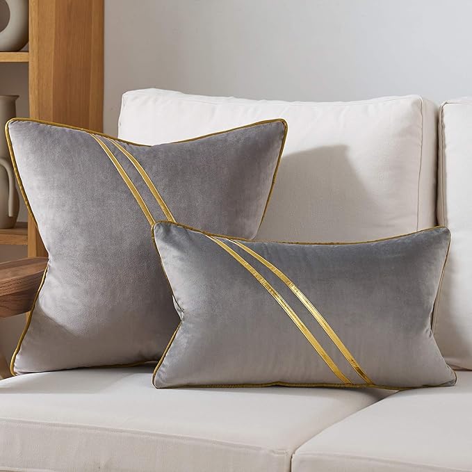 Avigers 18 x 18 Inch Gray Gold Leather Striped Lines Velvet Cushion Case Luxury - Image 6