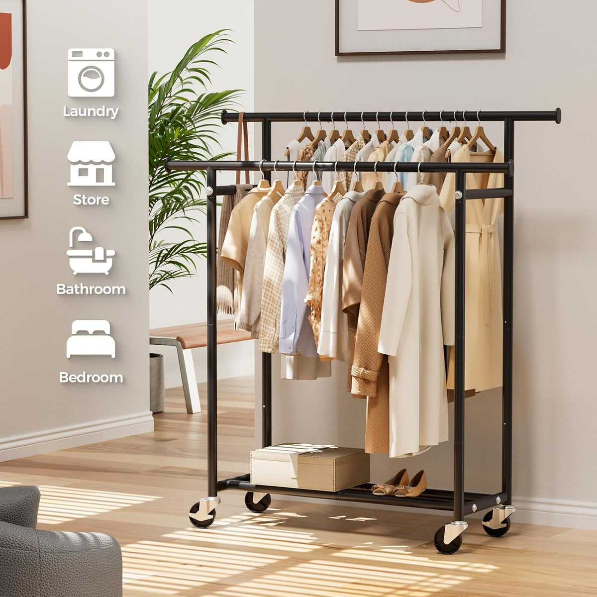 hyseyy clothes rack, double rods rolling clothing rack on a desk or shelf