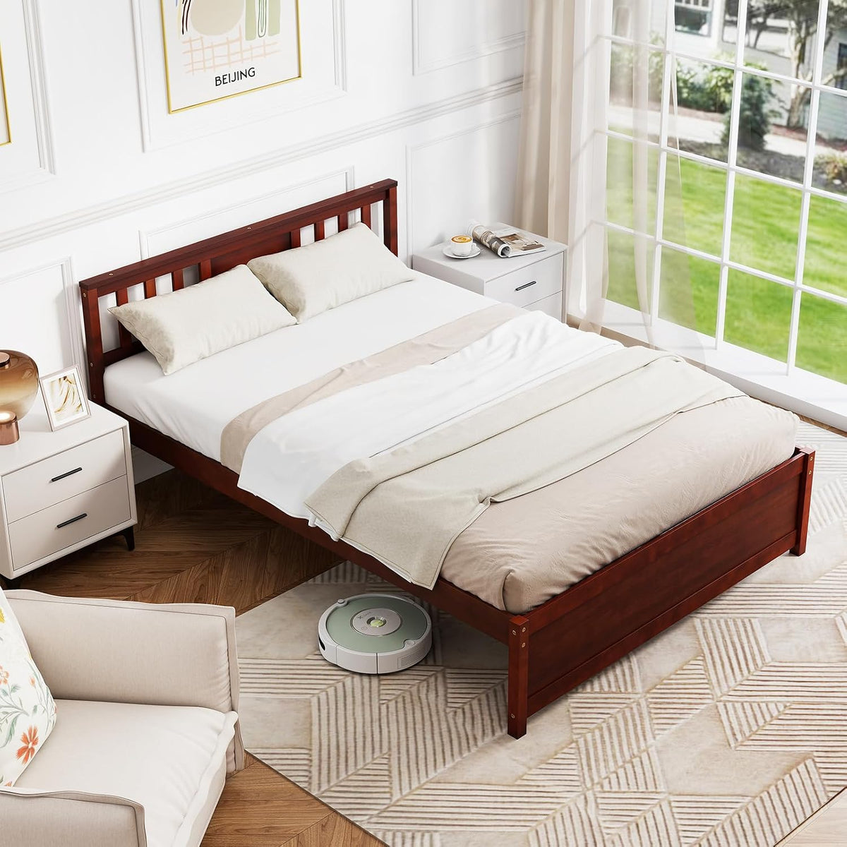 gofalme full size wood bed frame, mid-century modern, view 9