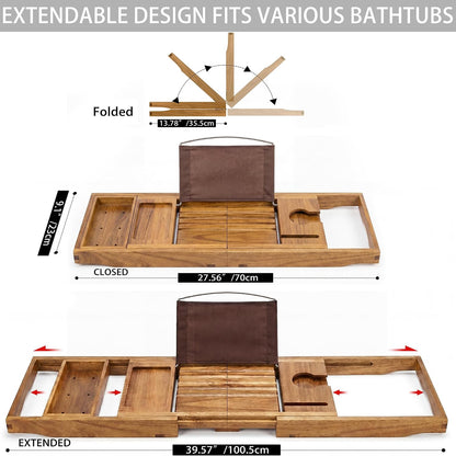 bathtub tray caddy, expandable acacia wood bath tray, close-up detail