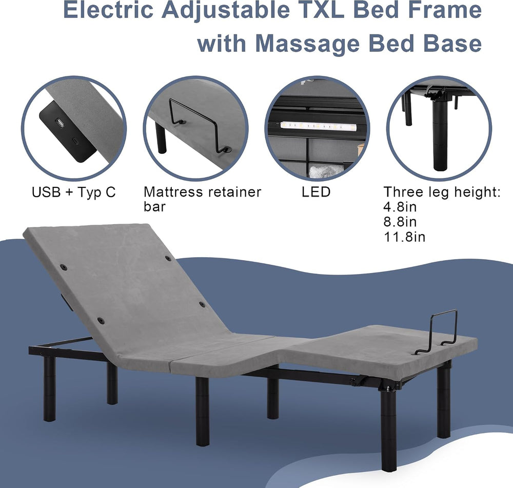 Adjustable Electric Twin XL Bed Base Frame with Massage, USB Type-C Ports, Ze...