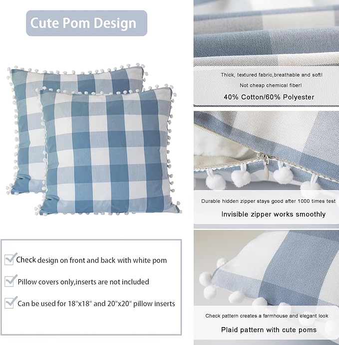 HOPLEE Light Blue Pillow Covers 16x16 Farmhouse Buffalo Check Pillows Covers - Image 3