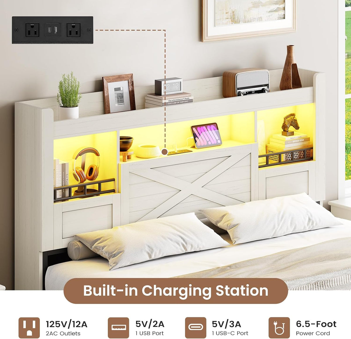 viagdo farmhouse queen bed frame with flip-down bookcase, close-up detail