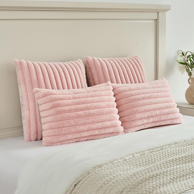 FUTEI Pink Throw Pillow Covers Set of 2, 26x26 Inch Striped Texture Euro Pillow - Image 5