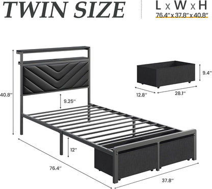 fluest twin bed frame with storage drawers, upholstered shown in use